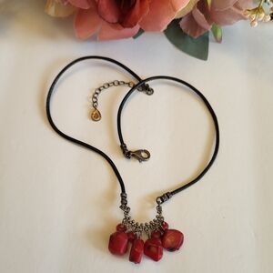 Barse 925 Sterling Silver Necklace Black Leather Cord Red Coral Stone 16"